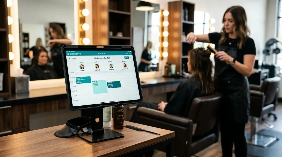 Hair salon POS software showing stylist appointment calendar on a tablet.