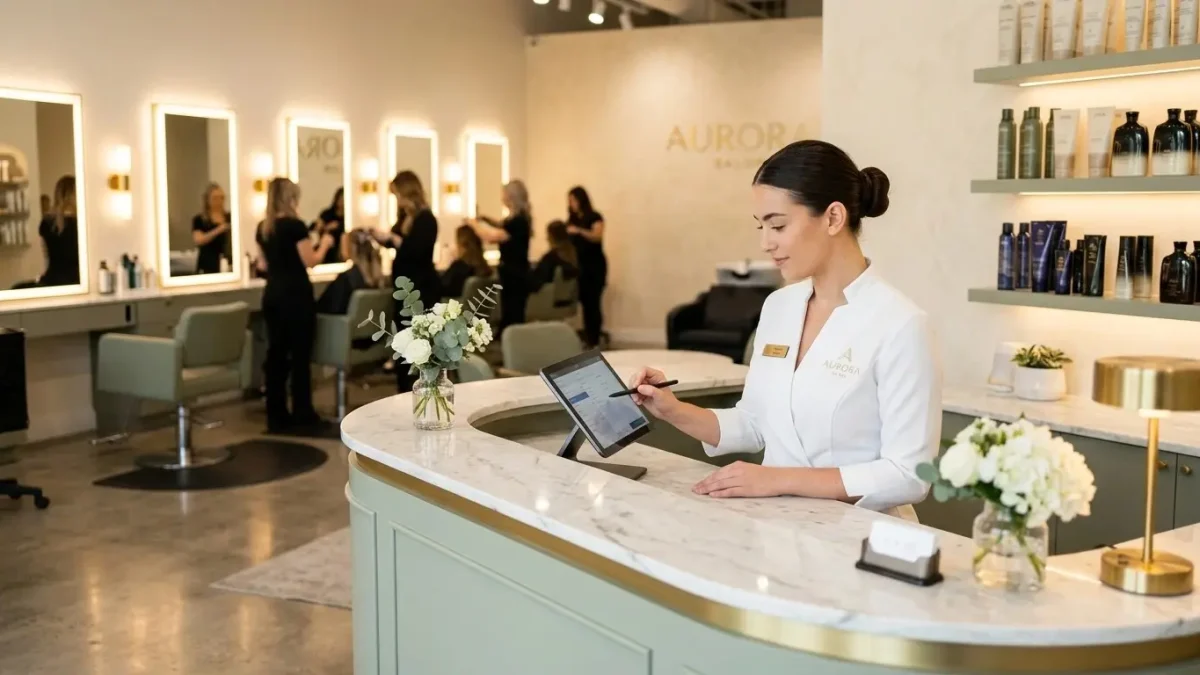 Receptionist using a hair salon POS system at a modern salon counter.