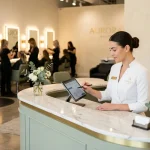 Receptionist using a hair salon POS system at a modern salon counter.