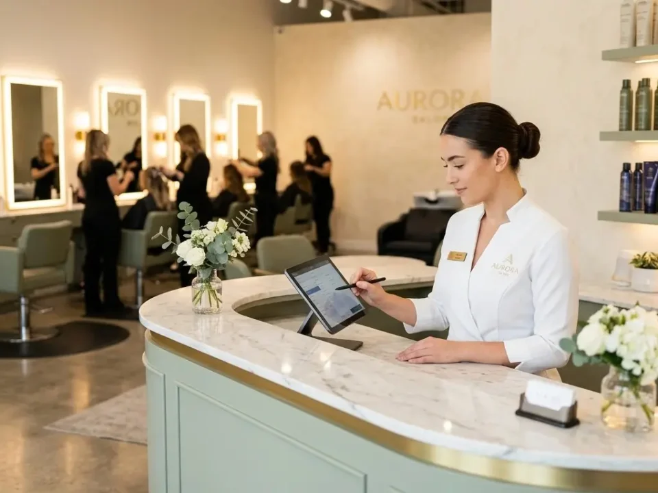 Receptionist using a hair salon POS system at a modern salon counter.