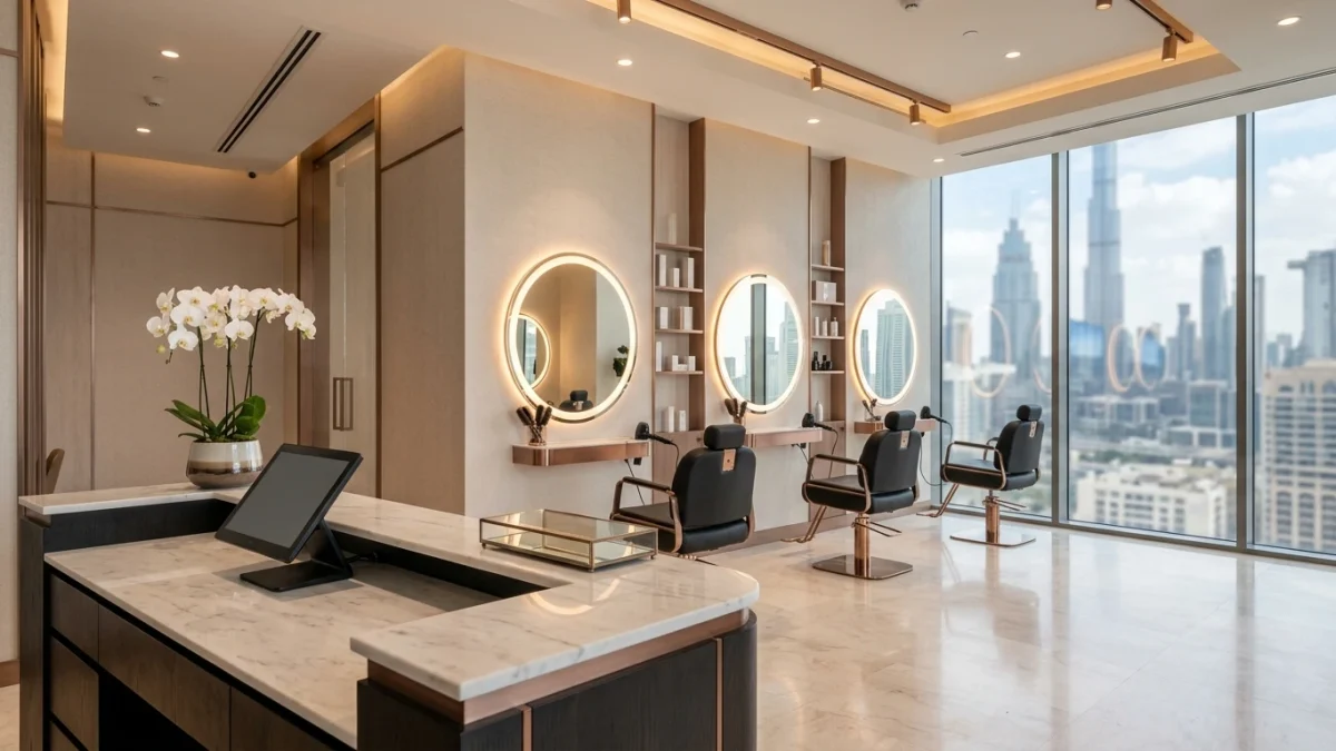 Modern beauty salon interior with POS terminal in UAE