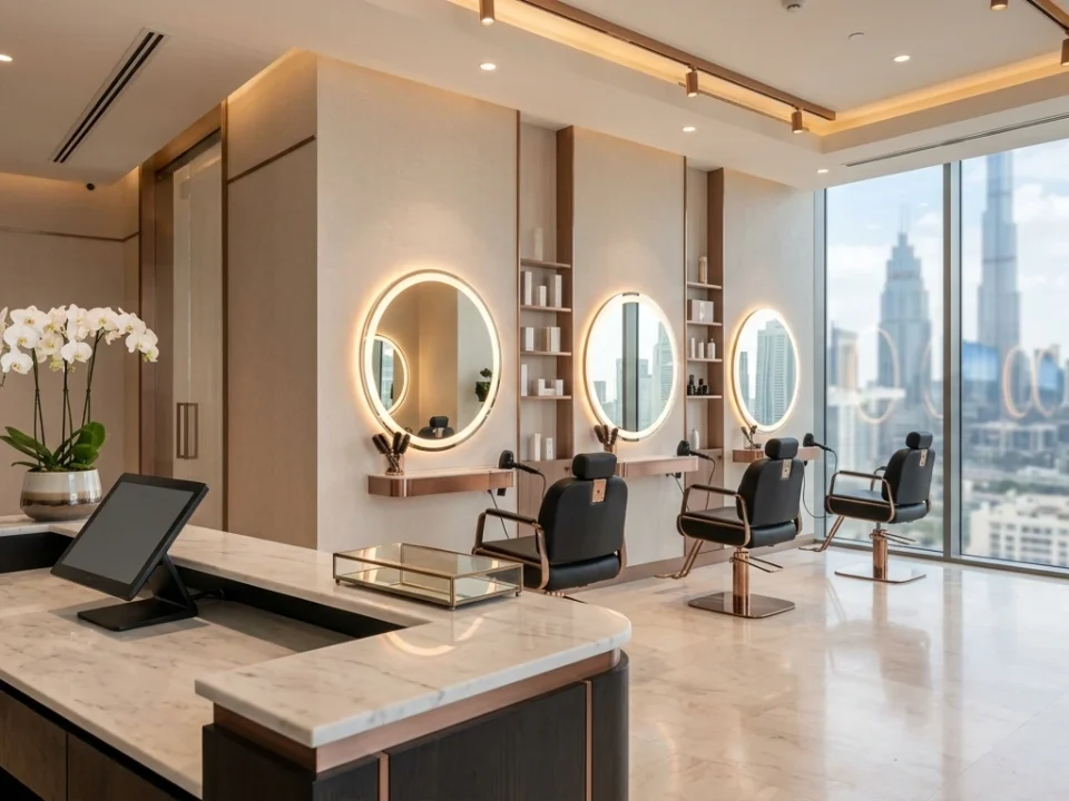 Modern beauty salon interior with POS terminal in UAE