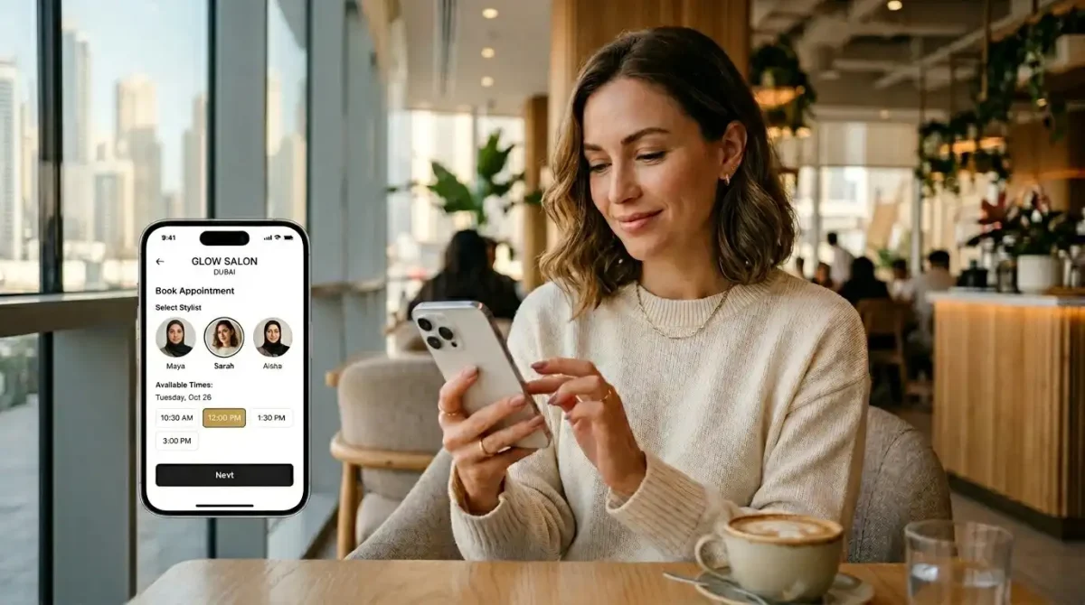 Client booking salon appointment online on smartphone.