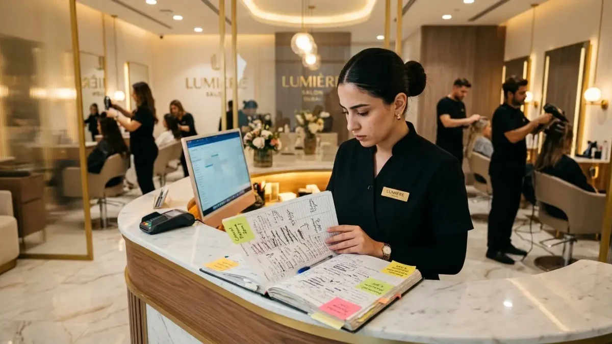 Salon receptionist managing paper appointments at front desk.