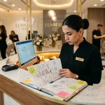 Salon receptionist managing paper appointments at front desk.
