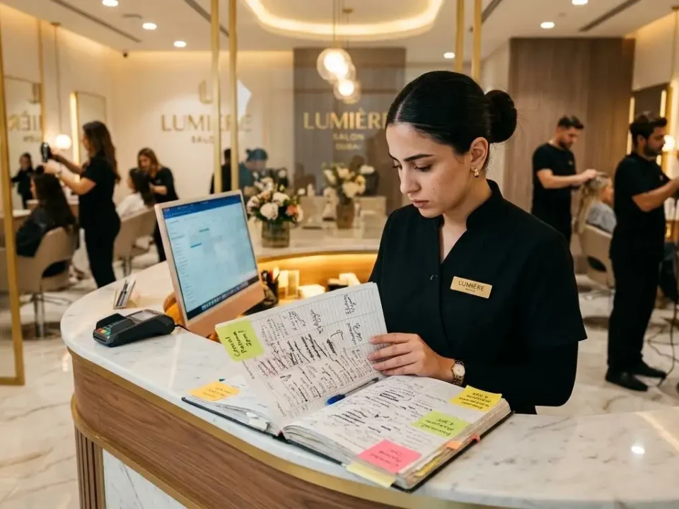 Salon receptionist managing paper appointments at front desk.