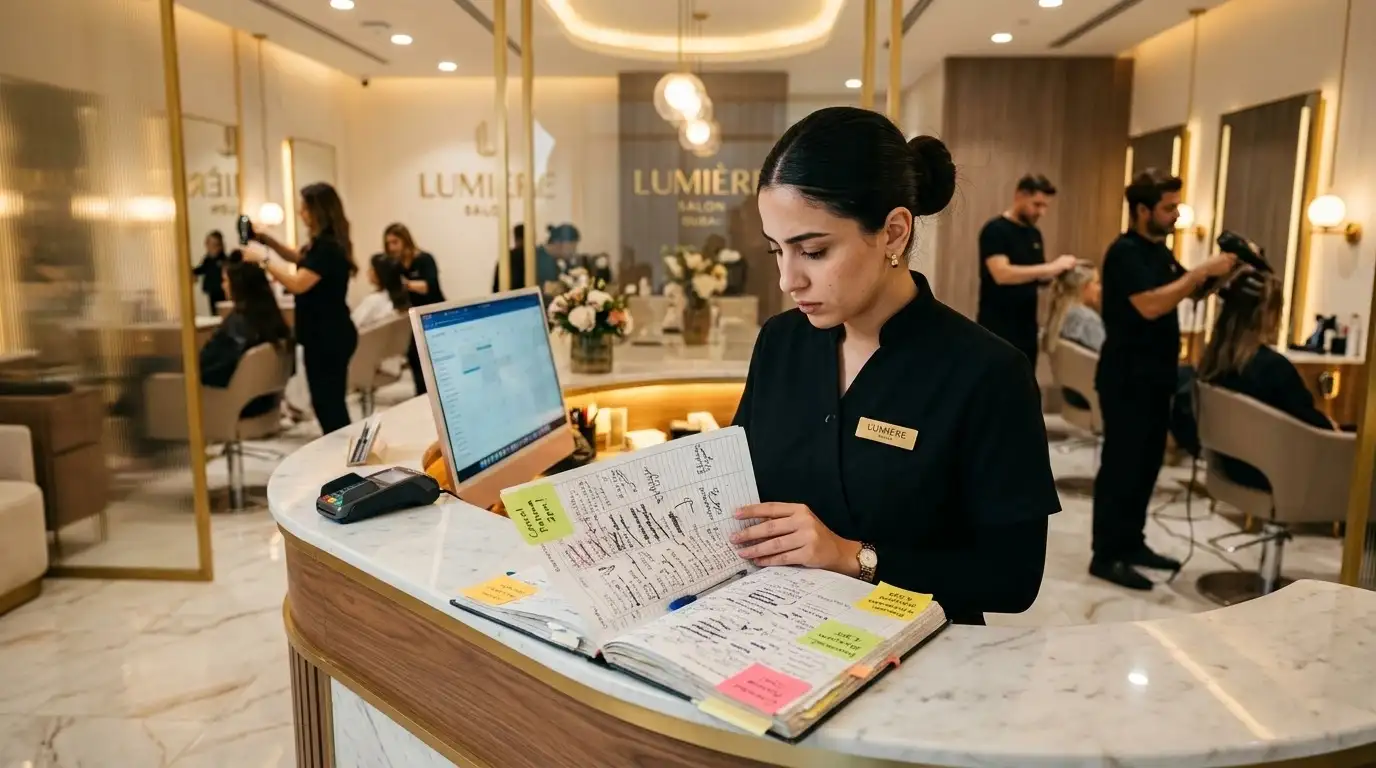 Salon receptionist managing paper appointments at front desk.