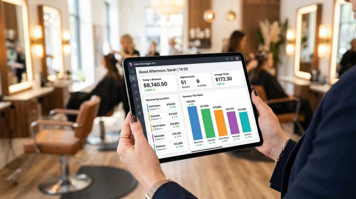 Salon manager reviewing multi-branch POS dashboard on tablet.