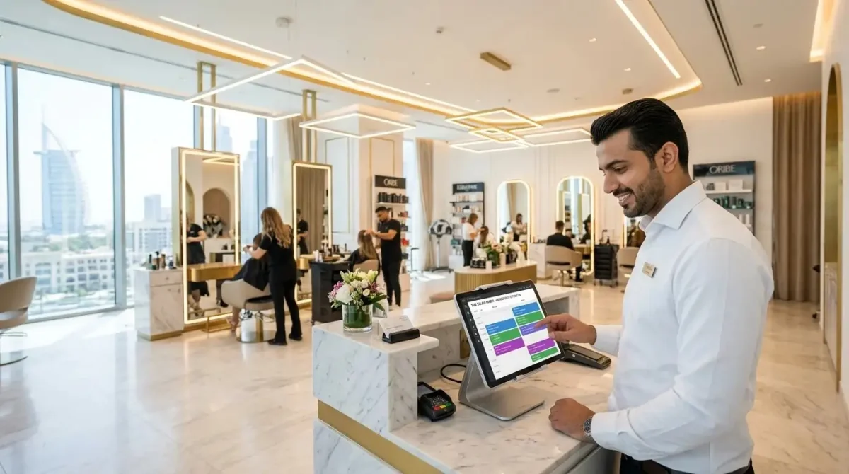 Salon staff using POS software dashboard to manage appointments.