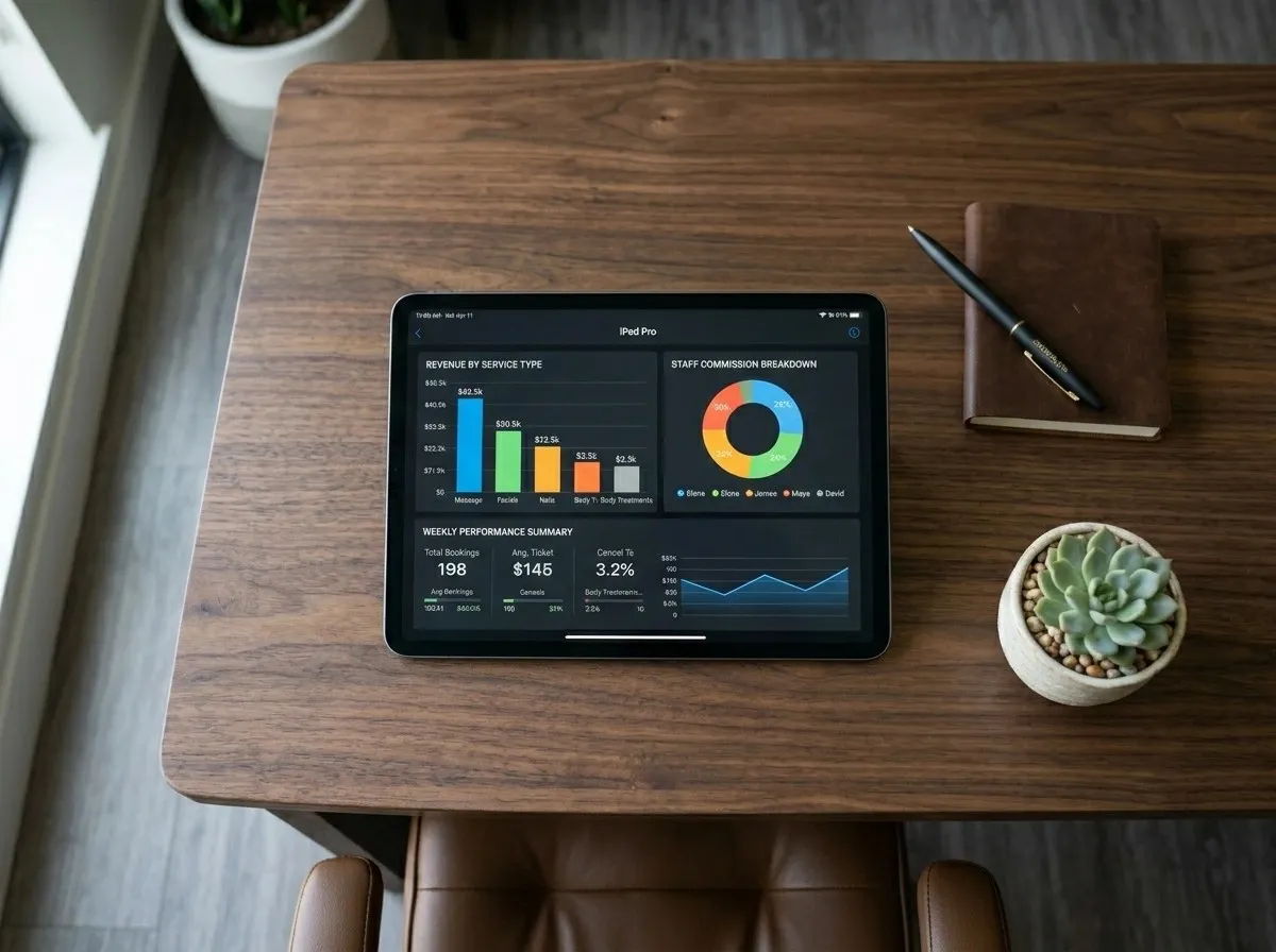 Why UAE Spas Need a Dedicated POS System in 2026 9 Spa management dashboard showing staff commissions and revenue reports.