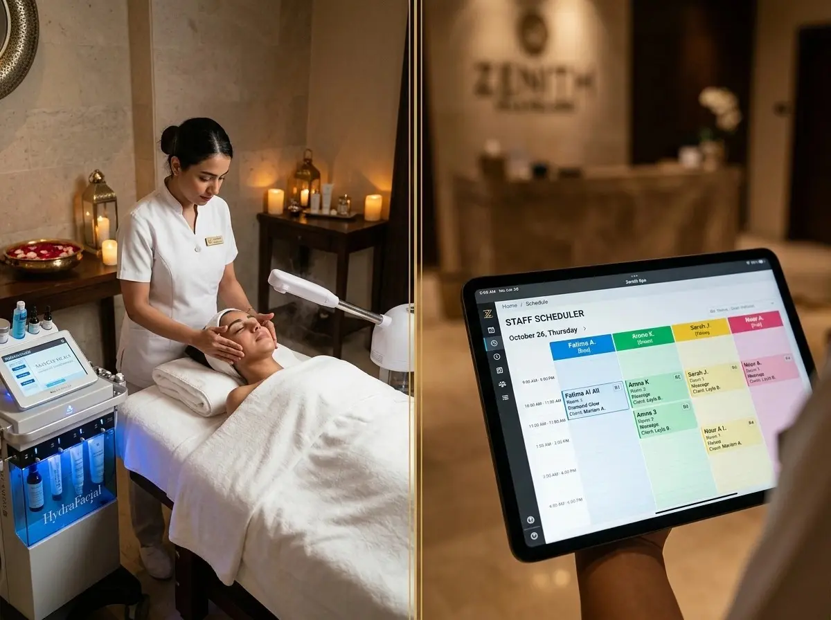 Why UAE Spas Need a Dedicated POS System in 2026 7 Spa worker performing facial treatment with scheduling dashboard on screen.