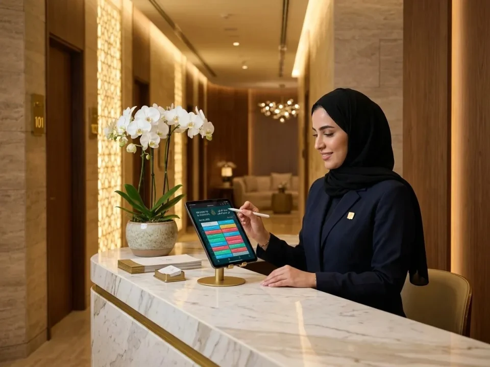Spa receptionist using a POS system at a UAE wellness centre